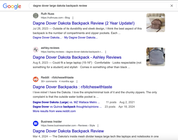 Screenshot of the first page of google when searching with the terms Dagne Dover Large Dakota Backpack Review